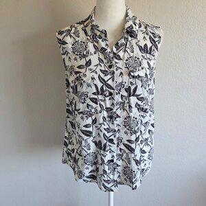 HOBBS London Blouse Sleevless Black White Floral Button Pockets Size US 6